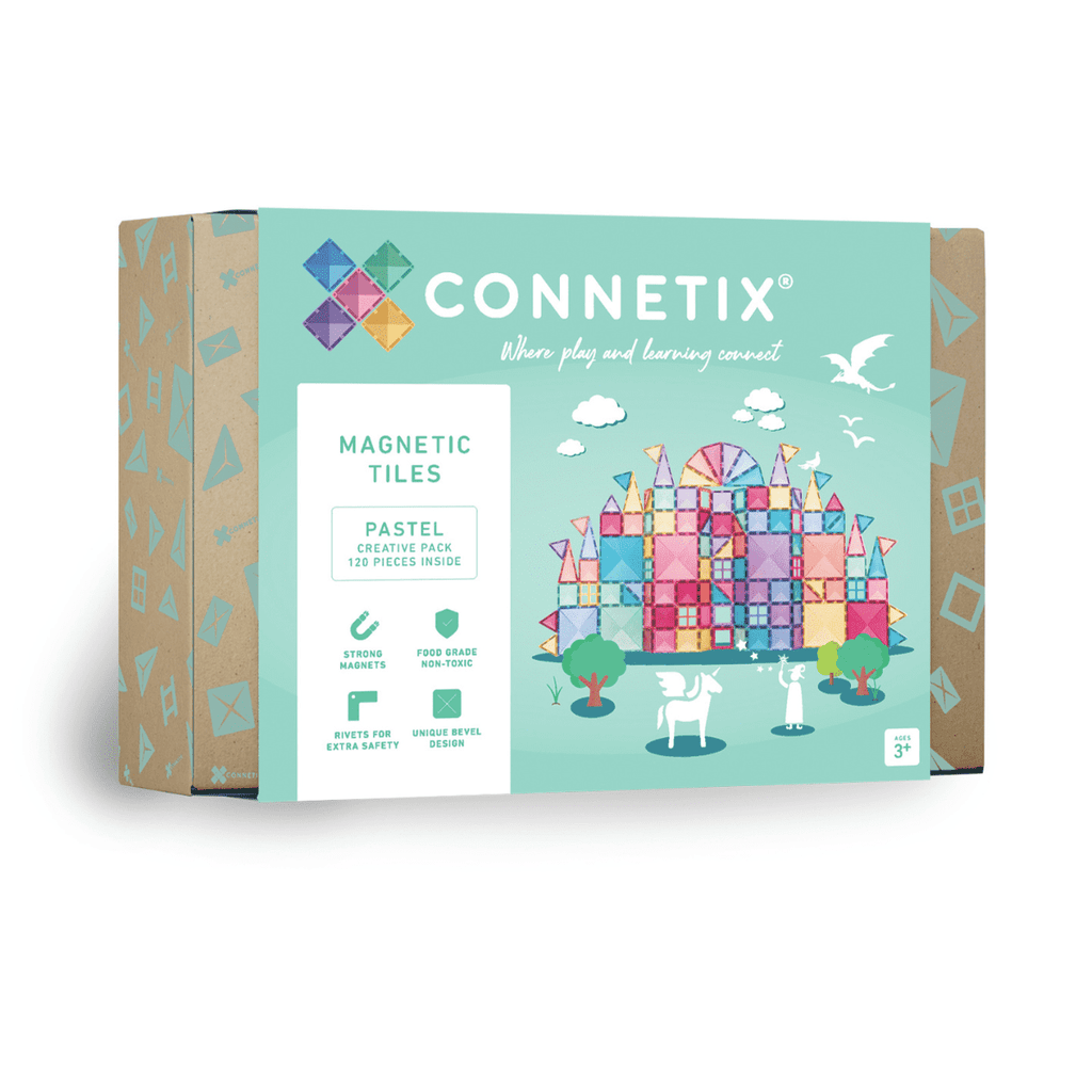 Connetix magnetic tiles packaging with colorful design on a white background