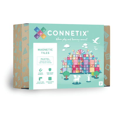 Connetix magnetic tiles packaging with colorful design on a white background