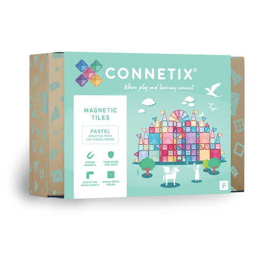Connetix magnetic tiles packaging with colorful design on a white background
