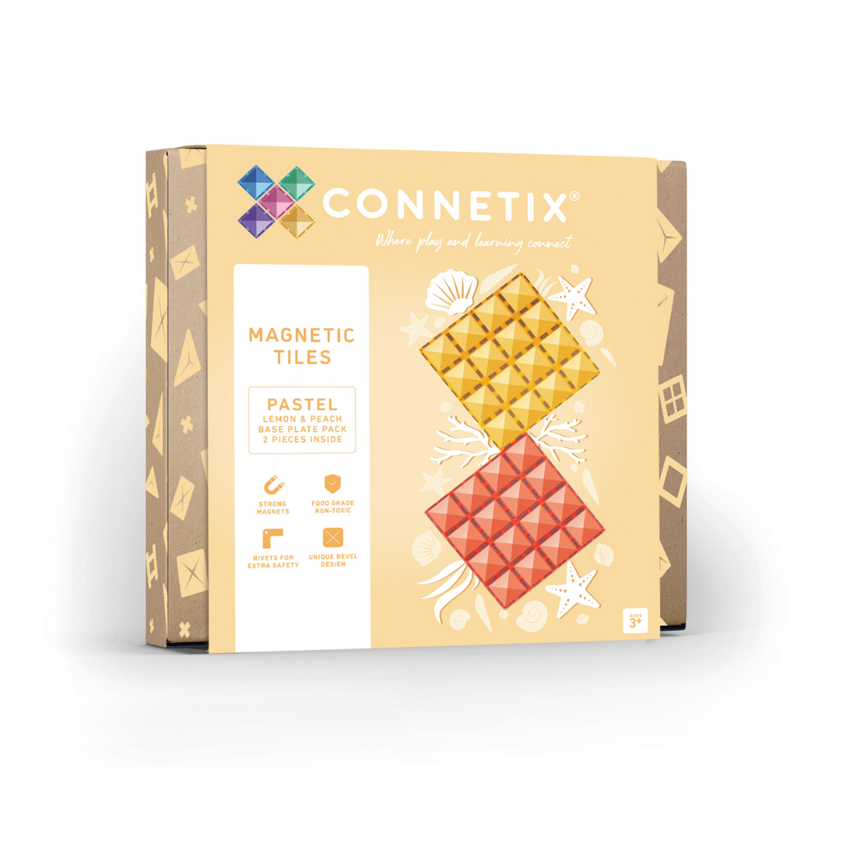 Connetix magnetic tiles packaging with pastel colors on a white background