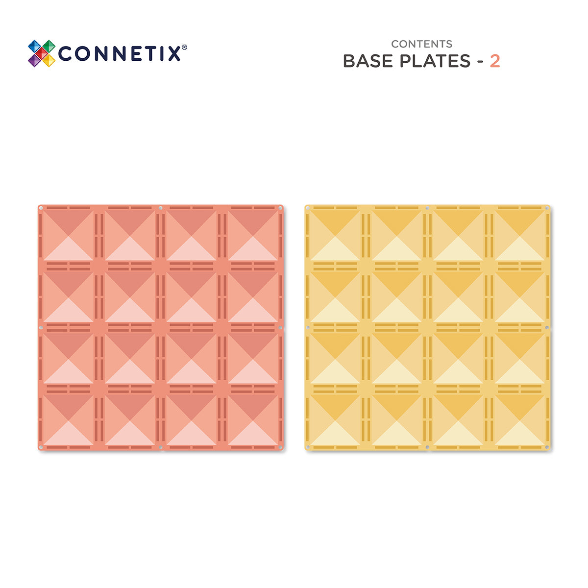 Two geometric base plates in pink and yellow with Connetix branding on a white background.