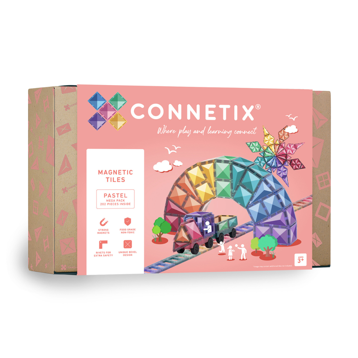 Connetix magnetic tiles packaging with colorful design on a white background
