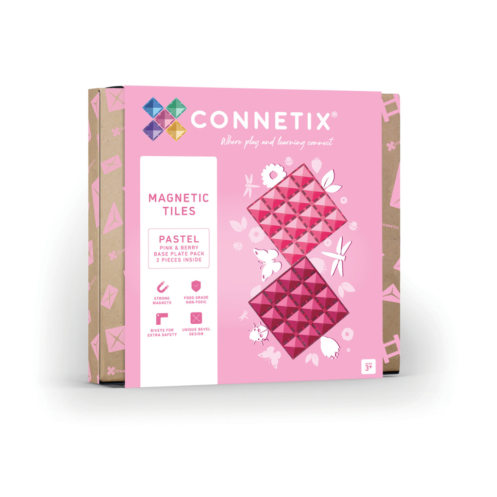 Connetix magnetic tiles packaging with pink and white design on a white background