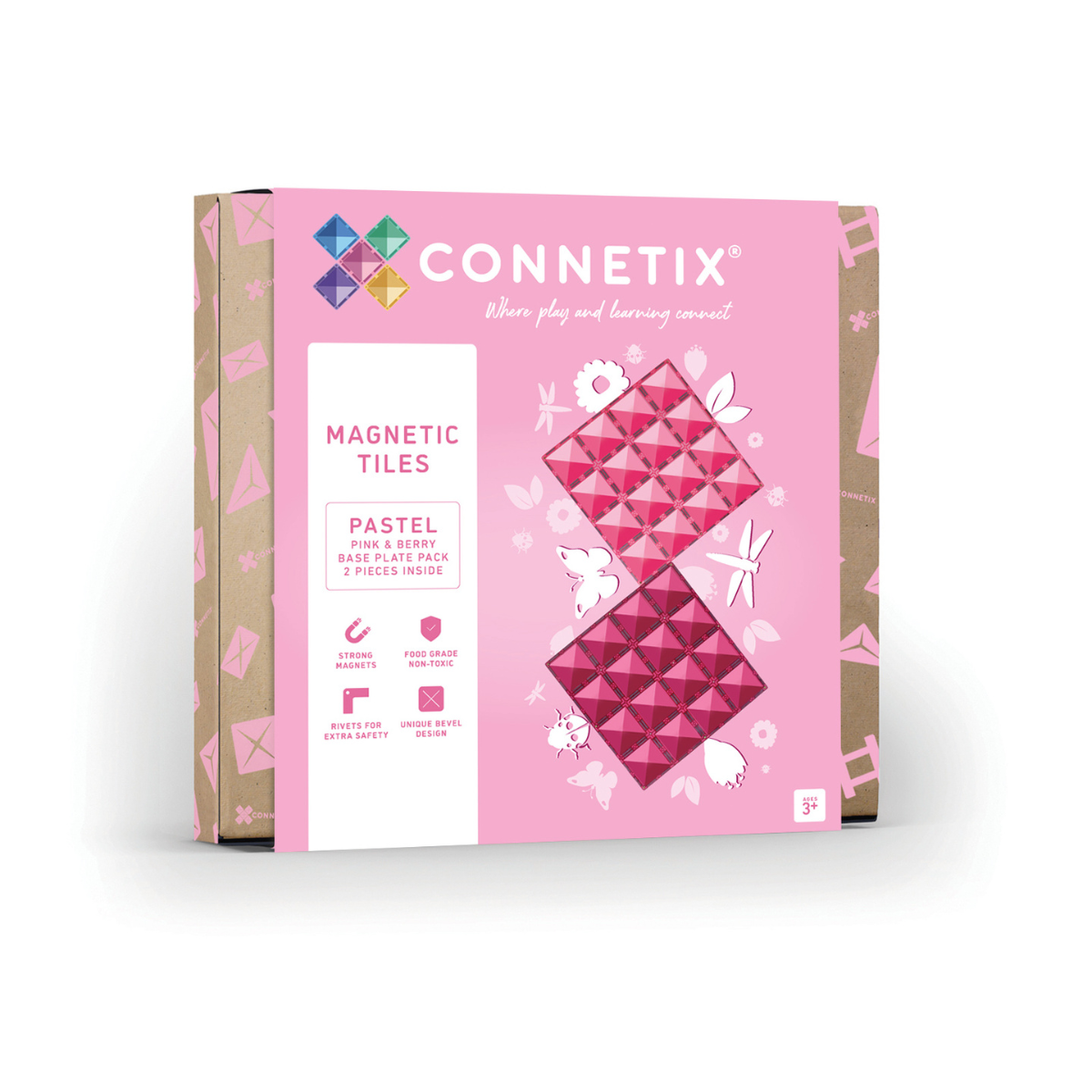 Connetix magnetic tiles packaging with pink and white design on a white background