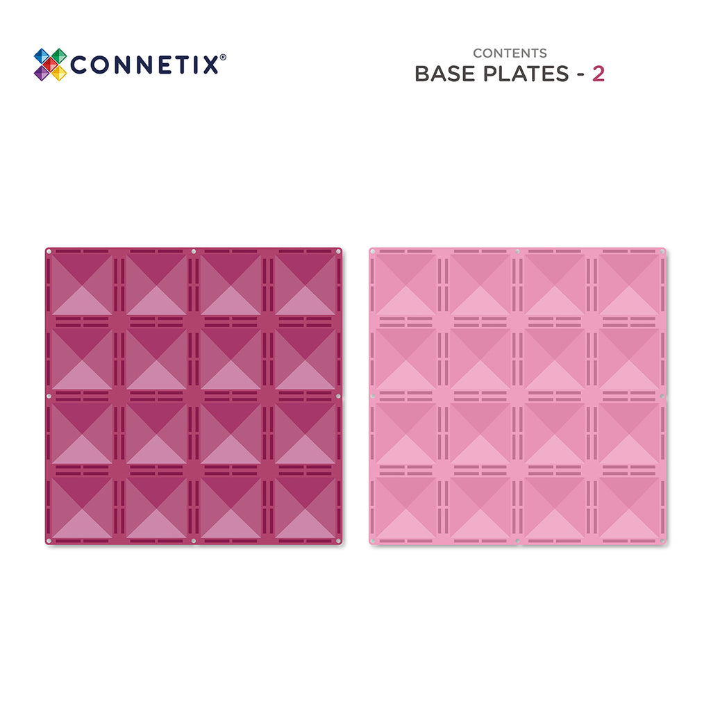 Two pink base plates with geometric pattern on a white background, branded with Connetix.