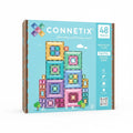 Connetix magnetic tiles packaging with colorful tiles on a blue background