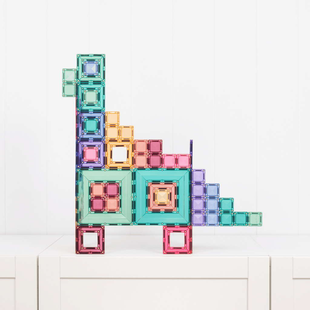Colorful geometric block puzzle on a white surface