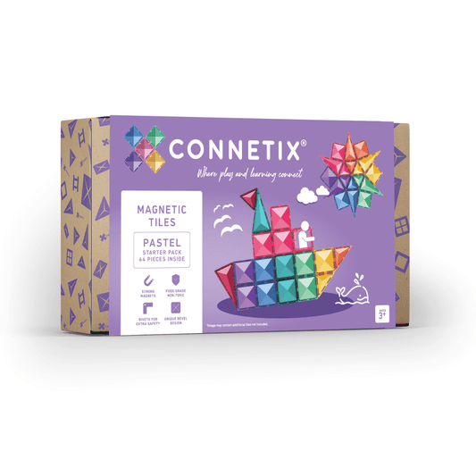 Connetix magnetic tiles packaging with colorful geometric shapes on a white background