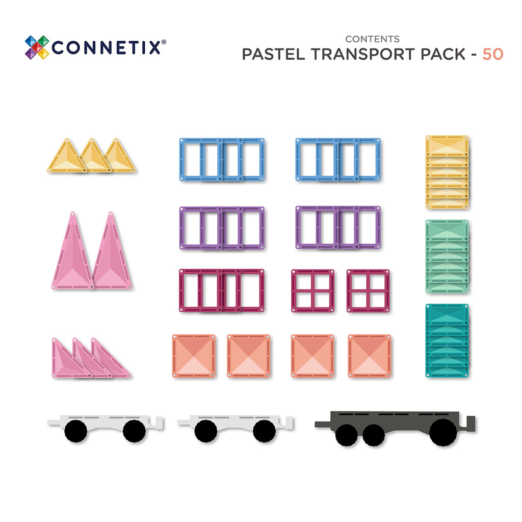 Pastel transport pack contents with Connetix branding on a white background