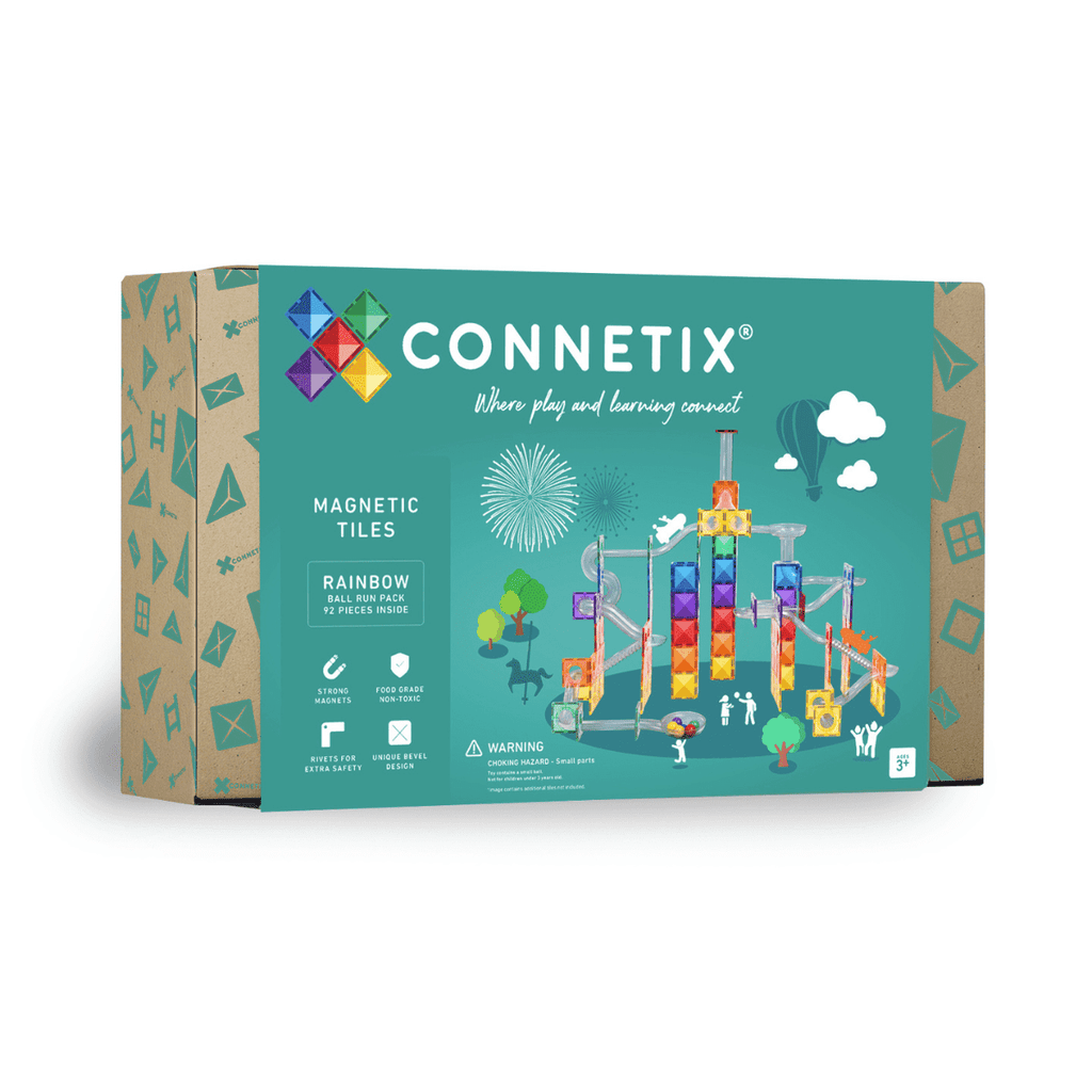 Connetix magnetic tiles packaging with colorful design on a white background