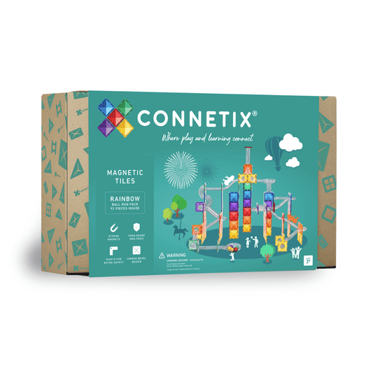 Connetix magnetic tiles packaging with colorful design on a white background