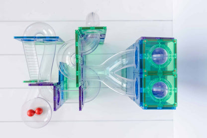 Colorful transparent plastic toy with a white background