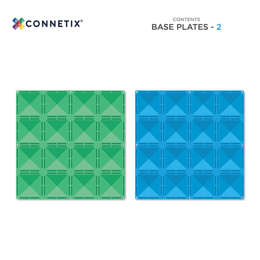 Two base plates, one green and one blue, with Connetix branding on a white background.