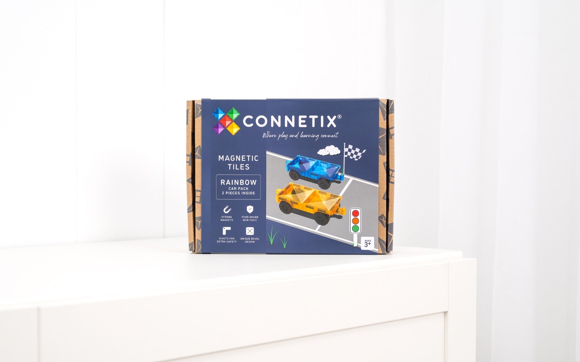Connetix magnetic tiles packaging on a white surface