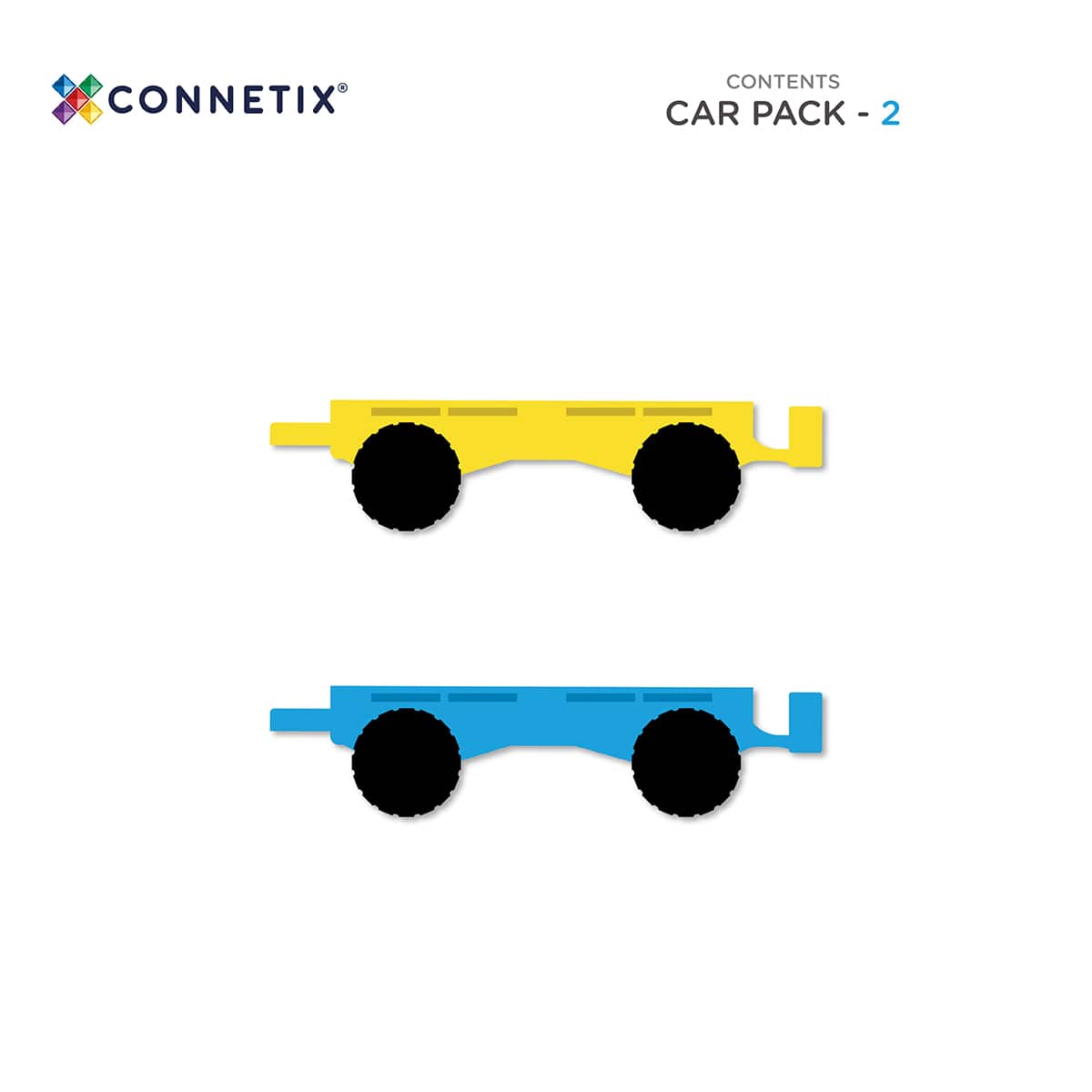 Two toy train cars, one yellow and one blue, on a white background with Connetix branding.