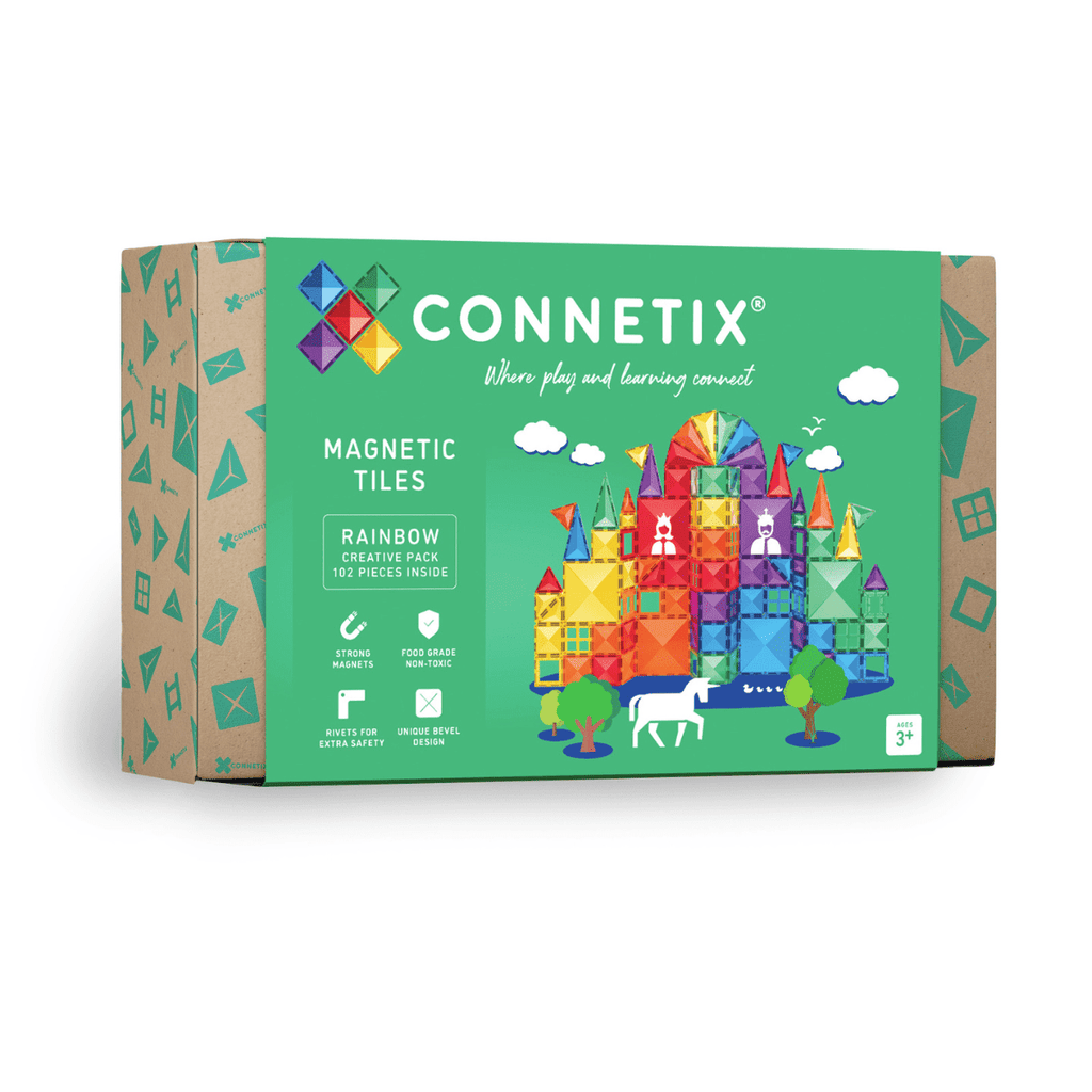 Connetix magnetic tiles packaging with colorful castle illustration on a white background