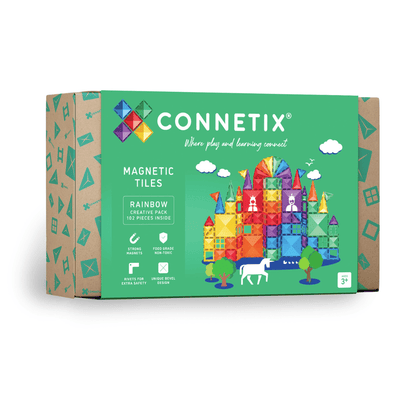 Connetix magnetic tiles packaging with colorful castle illustration on a white background