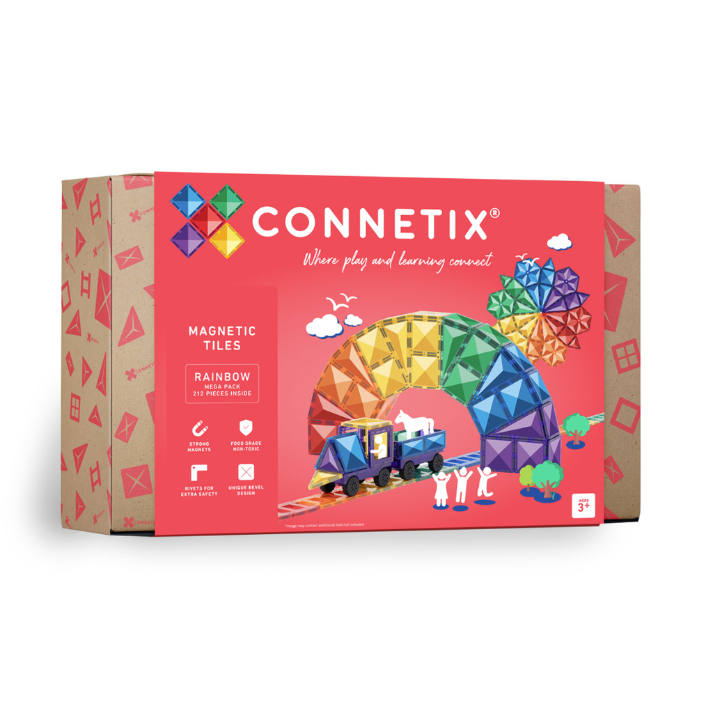 Connetix magnetic tiles packaging with colorful design on a white background