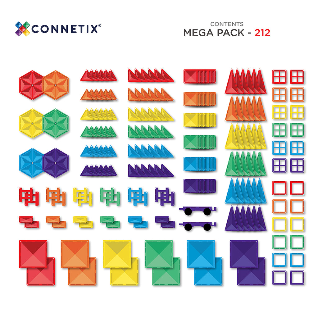 Colorful geometric building blocks set by Connetix on a white background