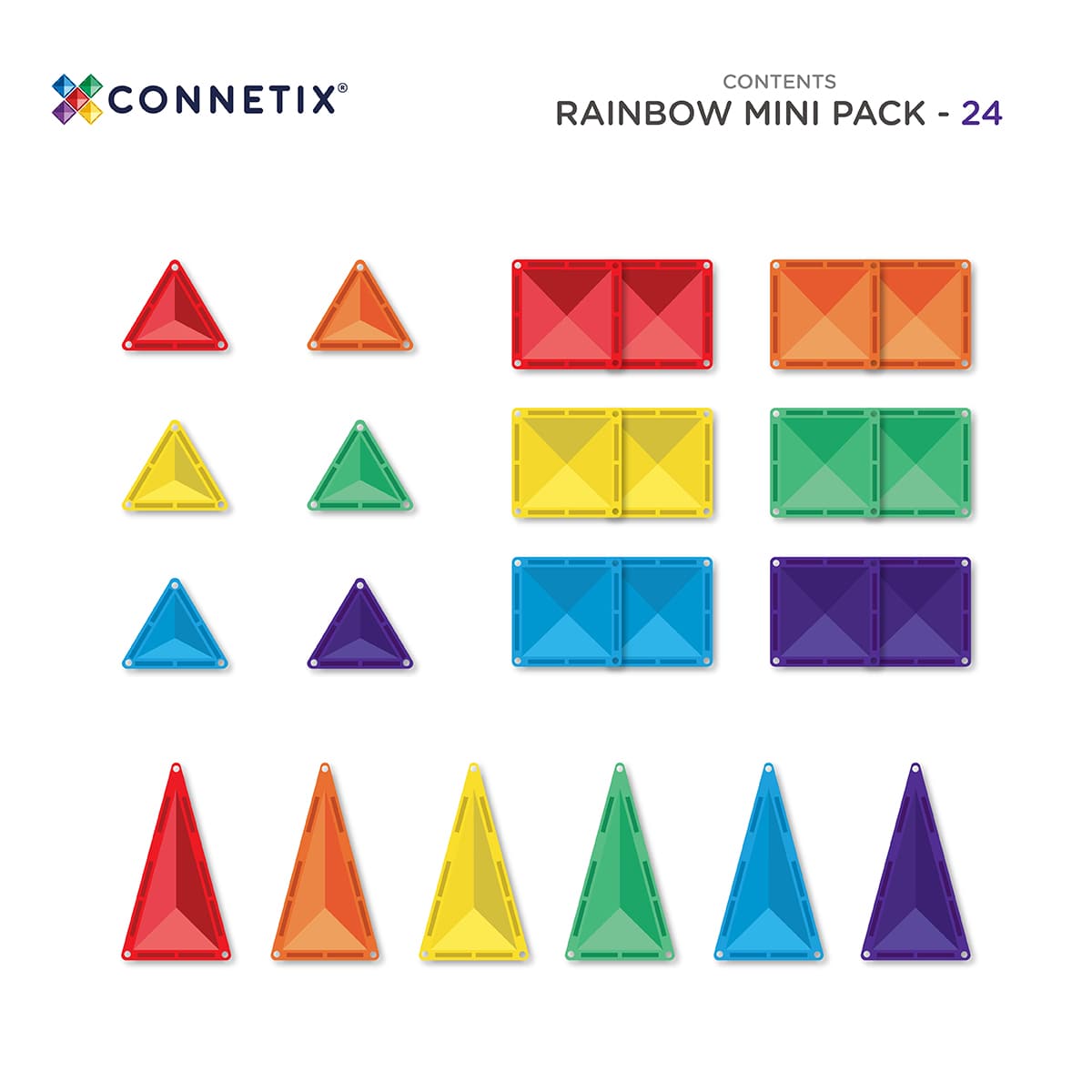 Colorful geometric shapes in a rainbow mini pack by Connetix on a white background