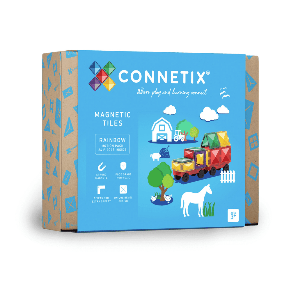 Connetix magnetic tiles packaging with a colorful train and farm scene on a blue background