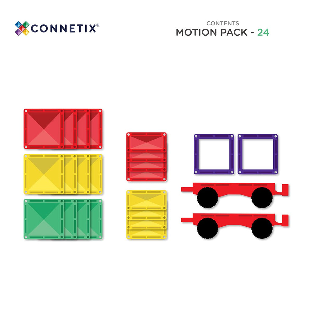Colorful geometric shapes and a toy car model on a white background with Connetix branding.