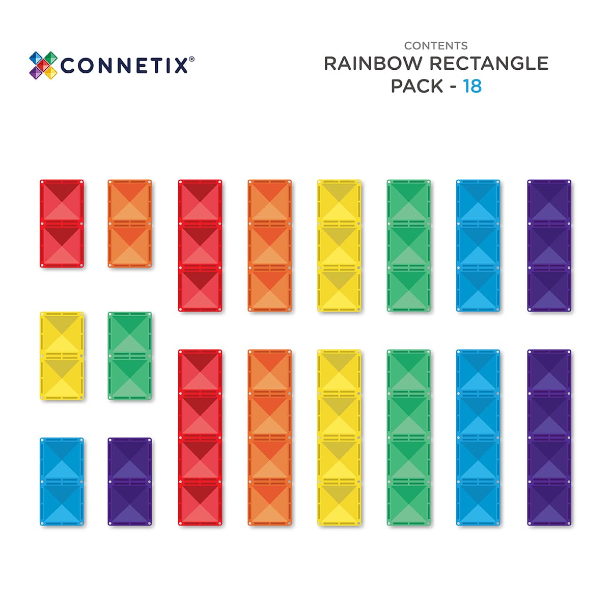 Set of rainbow-colored rectangular building blocks with Connetix branding.