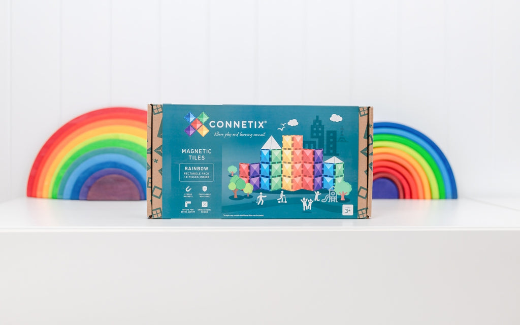 Connetix magnetic tile set packaging with colorful tiles on a white background