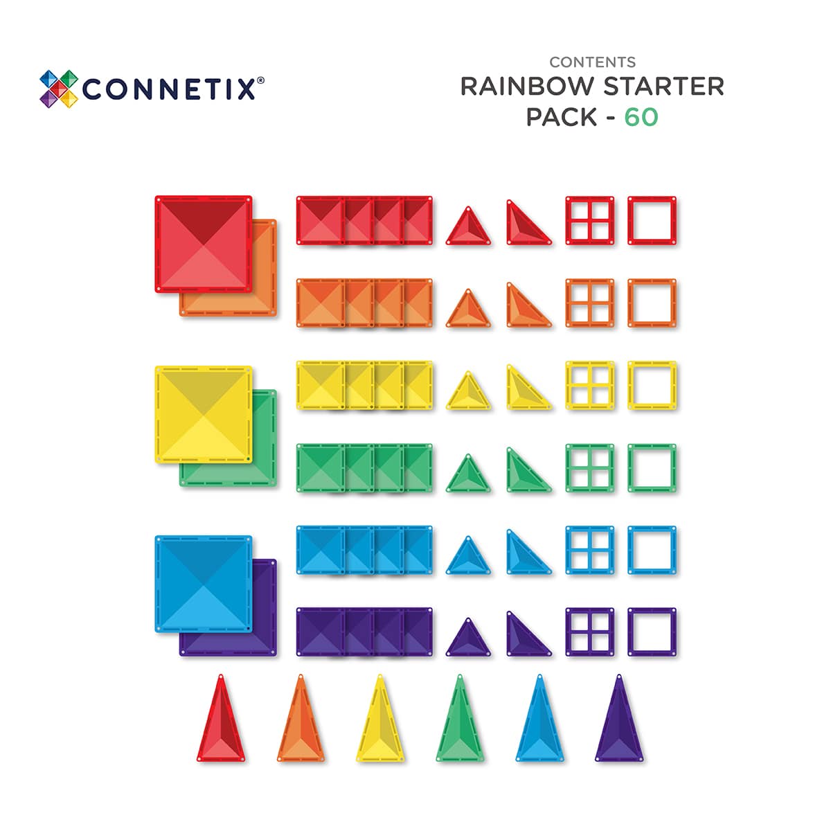 Colorful geometric shapes in a rainbow starter pack by Connetix on a white background