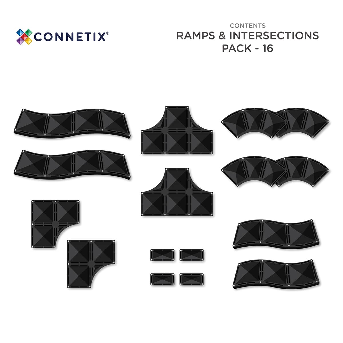 Set of black ramps and intersections packaging by Connetix on a white background