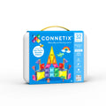 Connetix Travel Mini Pack toy set in a white hard carrying case with a bright blue front panel, yellow handle, and colorful magnetic tile and sticker illustrations on the box.