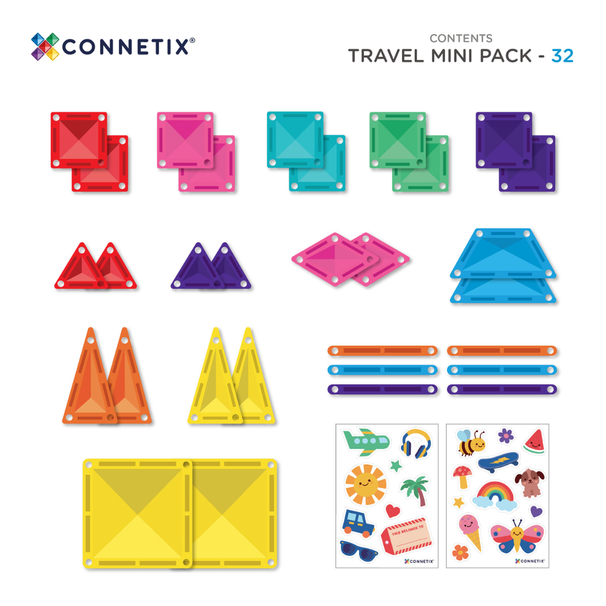 Connetix Travel Mini Pack contents display showing 32 colorful magnetic building tiles and stickers on a white background, with the Connetix logo and 'CONTENTS TRAVEL MINI PACK - 32' text at the top.