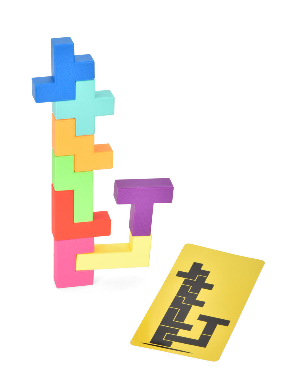 Colorful 3D Tetris-like puzzle pieces on a white background