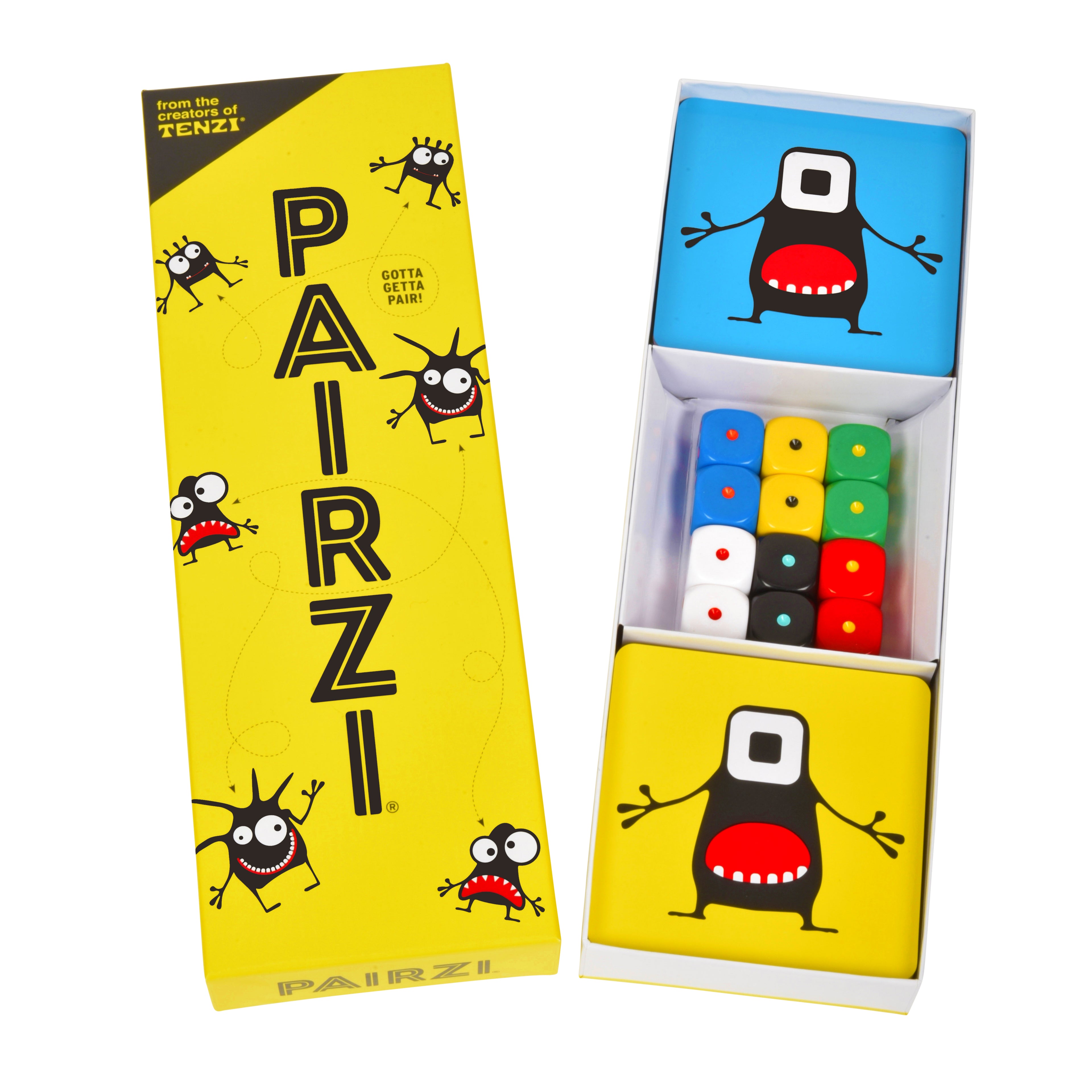 Pairzi dice game packaging with colorful dice and cartoon character design.
