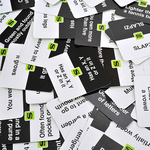 Scattered cards with text and SLAPZI logo on a white background
