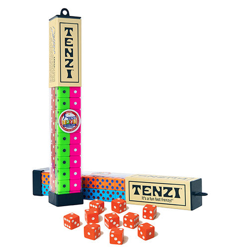 Tenzi dice game set with colorful dice and packaging on a white background