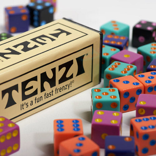 TENZI game box with colorful dice on a white background