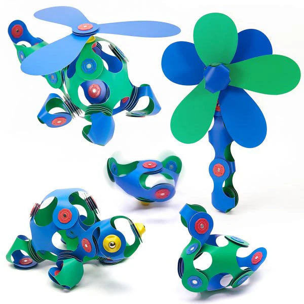Colorful toy vehicles with propeller attachments on a white background