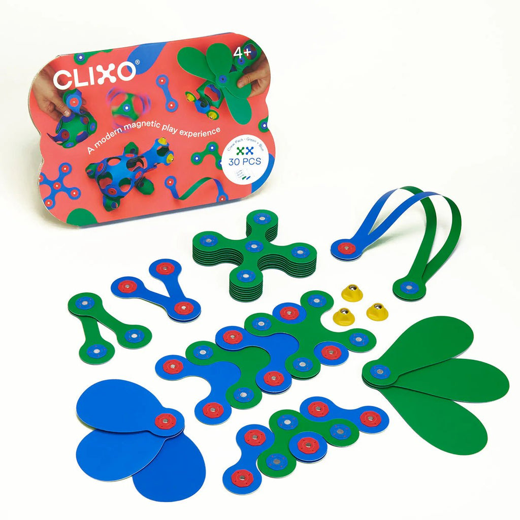 Clixo magnetic play set with packaging on a white background