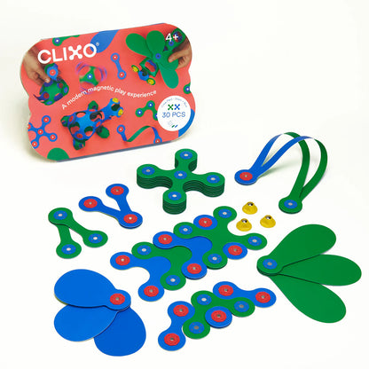 Clixo magnetic play set with packaging on a white background