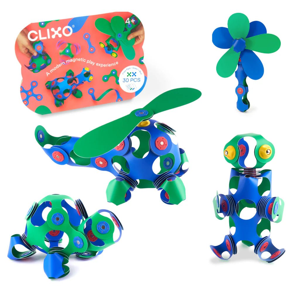 Colorful magnetic toy set with packaging labeled 'Clixio' on a white background