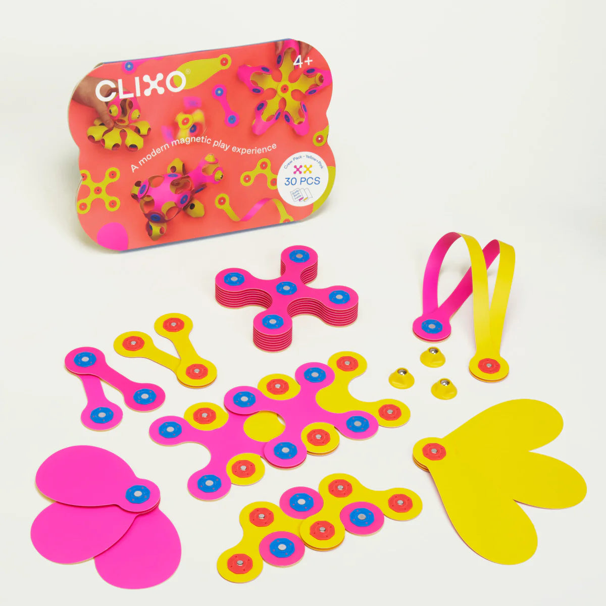 Clixo magnetic play set with packaging on a white background