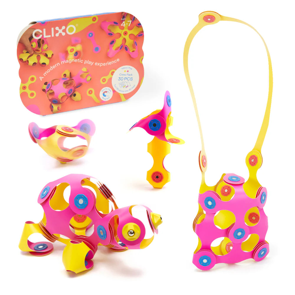 Colorful magnetic toys with packaging labeled 'Clixo' on a white background