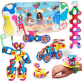 Colorful magnetic building toys with packaging and a hand interacting with the toys on a white background.