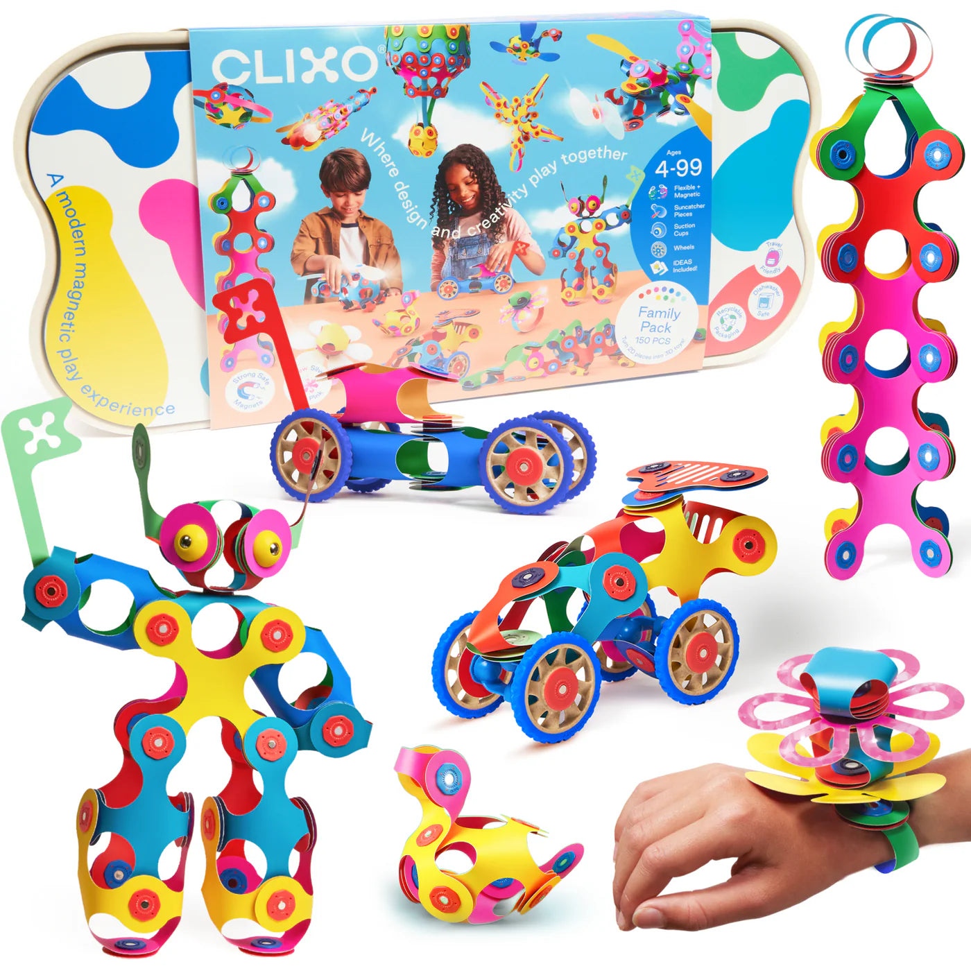 Colorful magnetic building toys with packaging and a hand interacting with the toys on a white background.