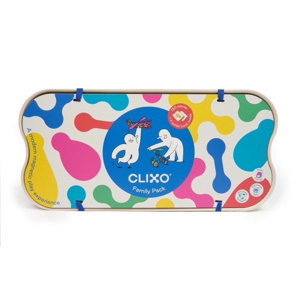 Colorful packaging of CLIXO Family Pack with abstract designs on a white background