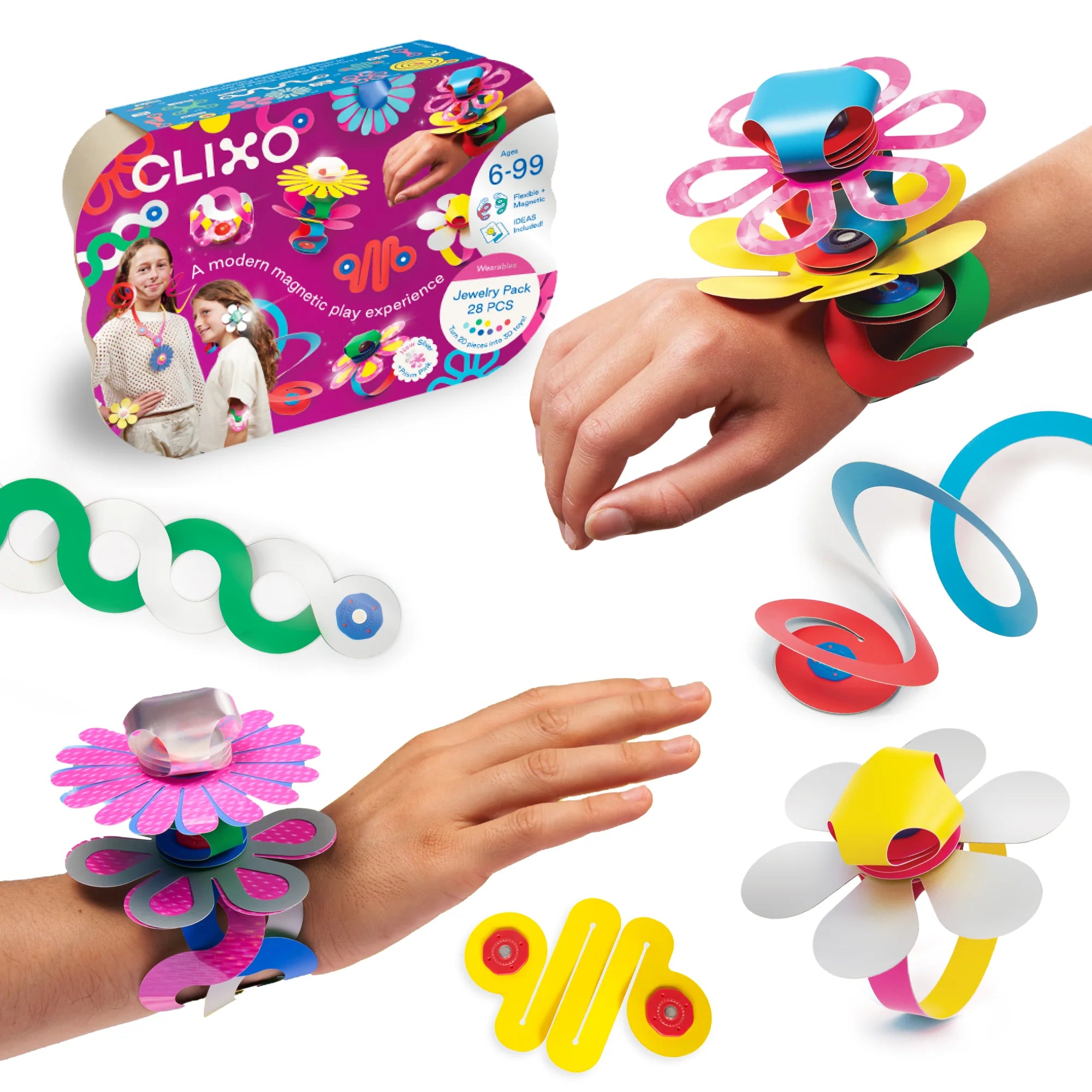 Colorful magnetic bracelet set with packaging and hands wearing the bracelets on a white background.