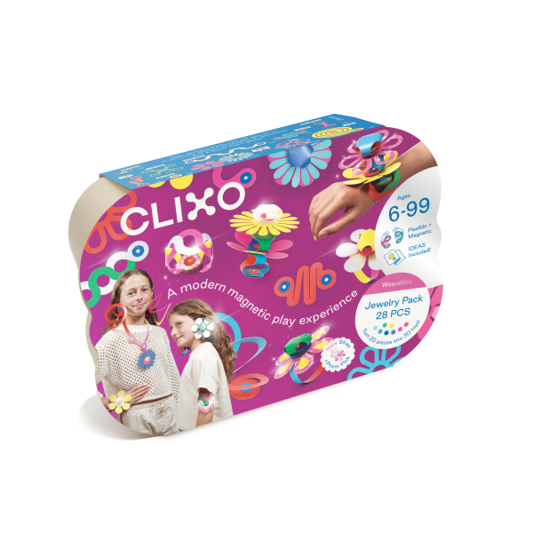Clixo jewelry pack packaging with colorful design and images of children wearing jewelry.