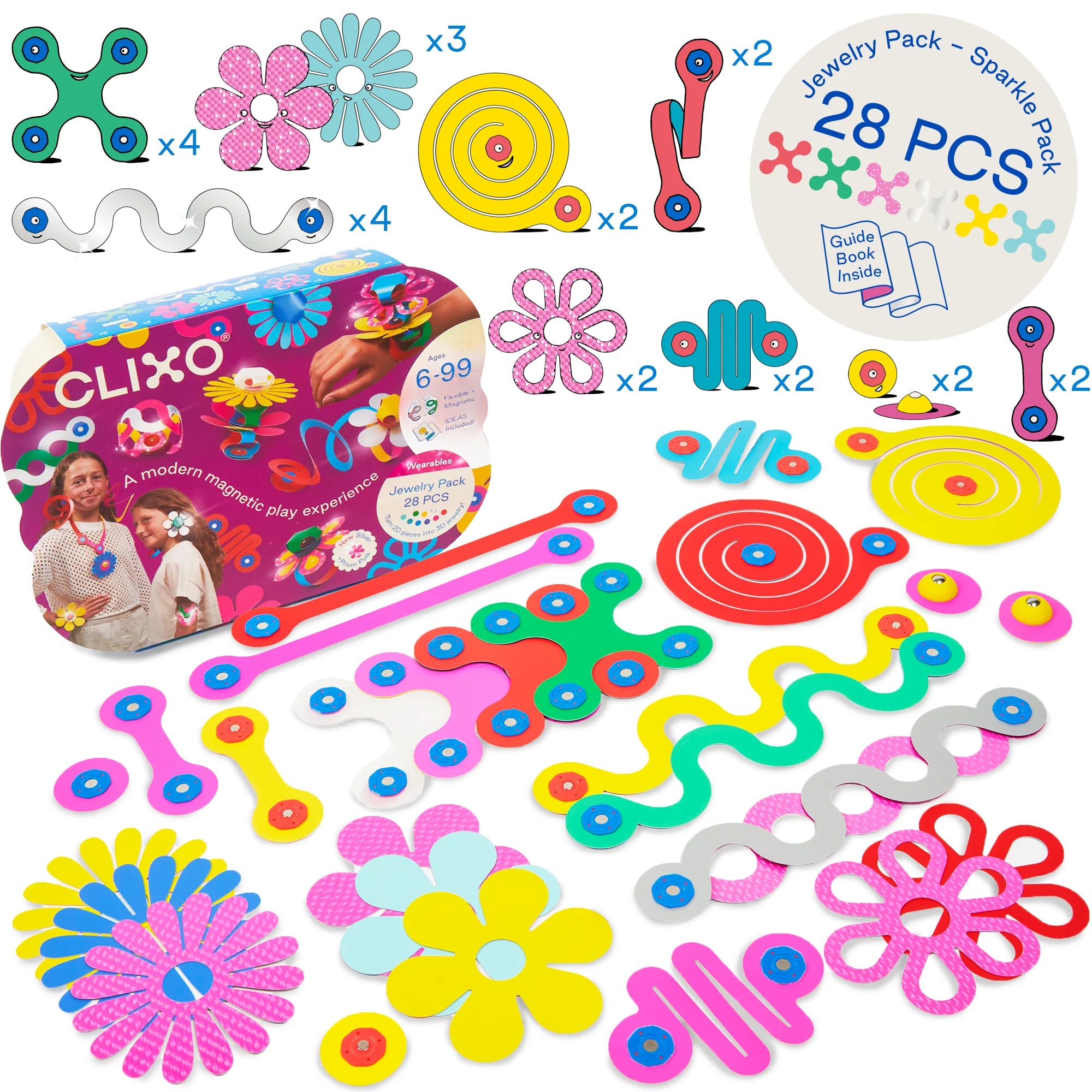 Colorful jewelry-making kit with CLIXO branding and various components on a white background.
