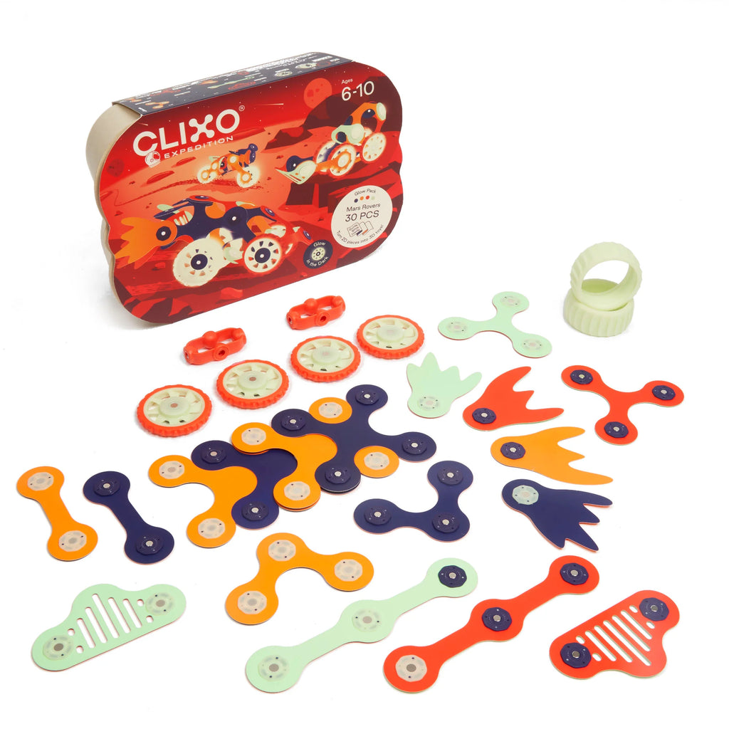 Clixo set with colorful pieces and packaging on a white background